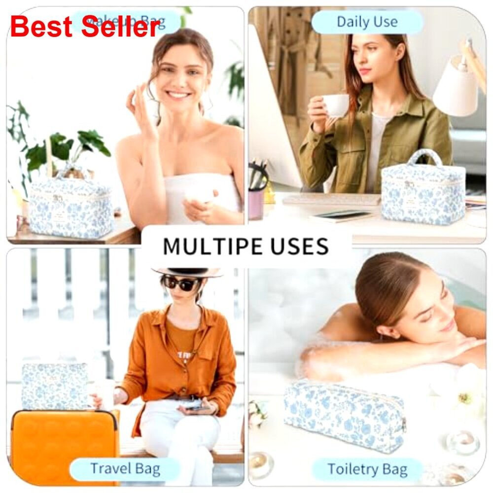 Large Cotton Quilted Makeup Bag Set, 3 Pack Travel Organizer for Women - Picture 7 of 7